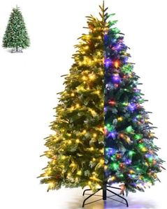 GiantexUK 5FT/6FT Pre-Lit Christmas Tree, Artificial Hinged Pine Xmas Tree with 250/350 LED Lights, 11 Flash Modes, 581/899 Tips, Pine Cones & Red Berries, Festival Snowy Decoration Tree (6ft/1.8m)