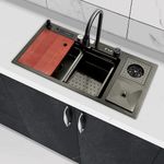 Plantex Kitchen Sink/304 Grade Stainless Steel Smart Wqaterfall/Sink with Intigrated Waterfall/Dustbin/Cupwasher/Sink with Digital Display for Home - (Nano Black, 38 x 18 x 9 inch)