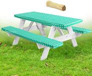 Premium Picnic Table Cover with Bench Covers Vinyl Fitted picnic table covers with Elastic RV Camping Accessories and Camper must haves Waterproof (Green Gingham, 96 x 30(8ft))