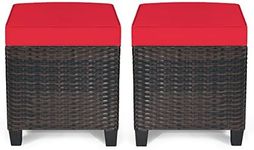 RELAX4LIFE 2-Piece Outdoor Ottoman, Wicker Rattan Foot Stool with Removable Cushions & Storage, 3-in-1 Square Footrest Seating Side Table, Outdoor Ottomans for Patio Backyard Garden Porch (Red)