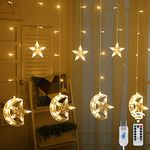 WATERGLIDE 138 LED Star Moon Curtain Decorative Lights, Window Curtain Fairy String Lights, Remote Control & USB Plug, 8 Lighting Modes for Home Holiday Ramadan Christmas Wedding Party, Warm White