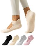 Yawlsow Pilates Socks with grips for Women Non Slip Sock with grip for Yoga Hospital Barre Barefoot (CA/US, Alpha, One Size, Regular, Regular, Black + Beige + Light Gray + Pink)