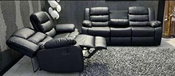 Roma Leather Recliner Sofa with Cupholders - 3+2 Seater Sofa - Black (3+2 Seater) (107)