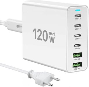 Cargador USB C de 120W, Cargador múltiple USB 【4USB-C + 2USB-A】 Cargador PD, estación de Carga de 6 Puertos Compatible con iPhone/Samsung/Google/Tablet/Mobil Power y Otros Dispositivos USB(Blanco)