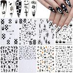 Black White Nail Art Stickers 3D Nail Art Supplies Star Moon Flame Snake Fire Checkerboard Butterfly Nail Decals Nail Art Decoration Designer Nail Stickers Designs for Acrylic Nails (8 Sheets)