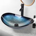 ARTETHYS Bathroom Sink, Countertop Wash Basin, Glass Vessel Washing Bowl Set with Tap, Cabinet Counter Top Sink with Faucet Pop-up Drain and Water Pipe for Vanity Cabinet Cloakroom, Oval Blue