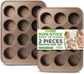 NutriChef 2-Piece Nonstick Muffin Pan Set - Carbon Steel Cupcake Baking Pans with 12 Cups - 15 inch x 11 inch Baking Tray Set - Gold
