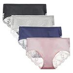 LIQQY Women's 4 Pack Cotton Mid Rise Full Coverage Lace Hipster Brief Panty Knicker Underwear (Small, Assorted)