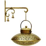 KAEVION Iron Antique Brass - Decor Incense Holder Dhoop Degchi Pot with Brass Bells Wall Hanging with - Oval Shape| Big Size lobhan Dhani Wall Mounted Burnner - Set of 1 - Gold