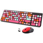 Wireless Keyboard and Mouse Combo, Retro Typewriter Wireless Keyboard with Round Keycaps, 2.4GHz Full-Size USB Cute Wireless Keyboard Mouse for Computer, Desktop, Laptop and Computer (Black-Colorful)