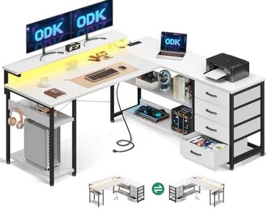 ODK Bureau avec Tiroirs, Bureau d'angle Réversible avec 2 Prises et 2 Ports USB, Bureau en L avec LED pour Bureau à Domicile, Blanc, 135×110 cm