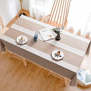 BESBESME Table Cloth Rustic Linen Boho Style,Kitchen Double Striped Farmhouse Tablecloths for Rectangle Tables, Washable Wrinkle Resistant Table Cover(Oblong,55''x70'',4-6 Seats, Khaki)