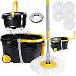 Almcmy Spin Mop and Bucket, Spinning Mop Bucket Floor Cleaning System with 5 Microfiber Mop Heads, 54'' Long Handle, Mop and Bucket with Wringer and Wheels, for Hardwood Laminate Floor Cleaning