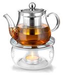 Octavius Borosilicate Glass Teapot/Kettle with Heat Resistant Removable Stainless Steel Infuser and Warmer | 2 Tea Light Candles - 450 ml