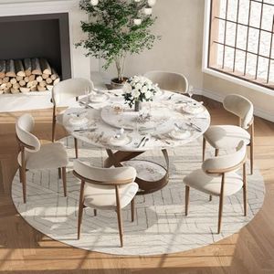 POVISON Round Dining Table Set for 6, Cotton Linen Dining Chairs Set of 6 with Glossy Pandora Sintered Stone Dining Table with Lazy Susan(59" Dining Table + 6 Chairs)