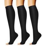 CHARMKING 3 Pairs Open Toe Compression Socks for Women & Men Circulation 15-20 mmHg is Best Support for All Day Wear, 01 Balck/Black/Black, Small-Medium