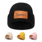 Lanleay Custom Beanie Hats for Baby Boys Girls - Personalized Leather Patch Beanies with Name for Infants Toddlers Adults Winter Black Knitted Hat