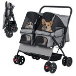 COSTWAY Double Pet Stroller, Foldable Dog Travel Pushchair Cat Buggy with 2 Carriers, Adjustable Sunshade, Removable Pad, Storage Basket, 4-Wheel Pet Travel Cart (Grey)