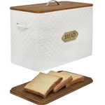 EMAX HOME Extra Large Space Saving Farmhouse Bread Box With Wood Lid - Holds 2 Loaves - Vertical Breadbox Bread Storage Bin Holder for Kitchen Countertop, White
