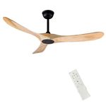FOBLKS 52" Indoor/Outdoor Wooden Ceiling Fan, 3 Blade DC Ceiling Fan with Remote Control, 2 Downrods, Reversible DC Motor 22W Quiet Energy Saving