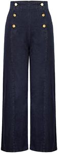 Belle Poque Stretch Jeans for Women High Waisted Wide Leg Button Up Denim Pants Trousers with Pockets Size 12 Size 14 Deep Blue