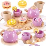 AOLEVA Kids Wooden Toy Tea Set for Toddlers Girls with Wooden Play Food Childs Children Afternoon Play Tea Set Kitchen Accessories Pretend Play for 3 4 5 Years Old