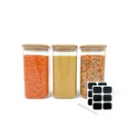 Hachi 1500ml Square Glass Storage Jars with Bamboo Lid for Pasta, Noodles, Flour, Cereal, Rice, Sugar, Tea, Coffee Beans, Large Kitchen Food Storage Jars for Kitchen Cabinet, Set of 3 (1500ml)