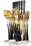 24 Pieces Flatware Set, Stainless Steel Flatware Set with Silverware Holder Spoons Forks Knives,Utensils Set Service for 6,Gold Mirror Polished and Matte Black Painted (Black)