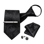 DiBanGu Mens Silk Black Paisley PreTied Necktie and Pocket Square Cufflinks Tie Clip Set Adjustable Zipper Ties Formal