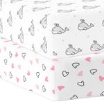 Cotton Baby Crib Fitted Bed Sheets for Cot | Organic Twill Fabric Baby Bedding for New Born, Infants, Toddlers | 38"x24" Pack of 2 | The White Cradle - Pink Whale & Hearts