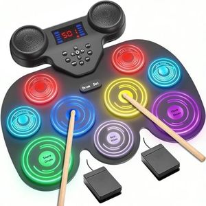 Electric Drum Set with 7 Colorful LED Light Patterns, Better Rebound Feel Electronic Drum Kit Featuring Bluetooth MIDI, 9 Drum Pads, and Dual Speakers, Christmas Birthday Gift for Kids Adult