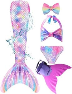 Feeyakie Swimmable Mermaid Tails for Swimming with Monofin Swimsuit Costume Cosplay, Bikini Sets Girls Kids Birthday Gift, Puple White, 9-10 Years