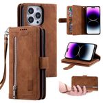 UEEBAI Wallet Case for iPhone 12 iPhone 12 Pro 6.1 inch, Retro 9 Card Holder Slots Zipper Pocket Handbag Case PU Leather Magnetic Closure Kickstand with Wrist Strap TPU Shockproof folio Case - Brown