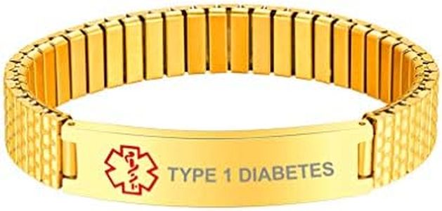 Bandmax Type 1 Diabetes Laser Engraved Medical Alert Bracelet Stainless Steel 18K Gold Plated Emergency Medical ID Bracelet for Men Women Gift for Diabetic Patient