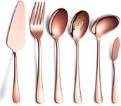 6-Piece Copper Serving Flatware Silverware Set,Stainless Steel Serving Utensil Set,Include Cake Server, Slotted Serving Spoon, Serving Spoon, Cold Meat Fork, Butter Knife, Soup Ladle