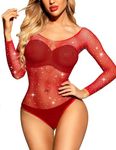 RSLOVE Women Sexy Lingerie Fishnet Bodysuit Babydoll Sparkle Rhinestone Mesh Teddy Lingerie Red