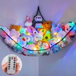 MHJY Toy Hammock Stuffed Animals Toy Storage Net with LED Light Large Corner Hanging Soft Cuddly Plush Mesh Organizer with Remote Control 8 Kinds of Llight Mode for Kids Nursery Bedroom