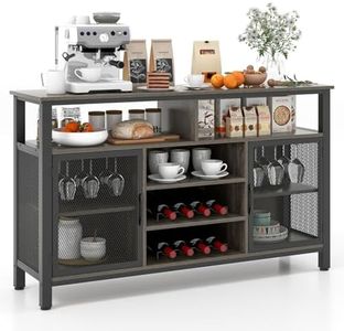 Giantex Wine Bar Cabinet, 55-Inch Buffet Sideboard with Wine Racks & Wine Glass Holders, Coffee Station Cabinet with Metal Mesh Doors, for Kitchen, Dining Room (Gray + Black)