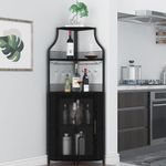 IDEALHOUSE Corner Wine Cabinet with Removable Wine Rack, Farmhouse Wine Cabinet with Glass Holder and Mesh Door, Liquor Coffe Bar Cabinet with Adjustable Shelves, Black