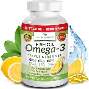 Best Triple Strength Omega 3 Fish Oil Pills - 180 Capsules - 2400mg High Potency Burpless Lemon Flavor 864mg EPA 576mg DHA Ultra Pure Liquid Softgels for Brain Joints Eyes Heart Health Supplement