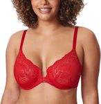 DELIMIRA Women's Front Closure Lace Sheer Bras Plus Size Full Coverage Sexy Plunge Underwire Unlined Bra Lipstick Red 40E