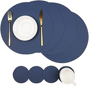 Placemats Faux Leather Round Table Mats Set of 4 with Coasters, Heat-Resistant Waterproof Non-Slip Washable Mats for Kitchen Dinning Table, PU Table Mats (Blue+Gray)