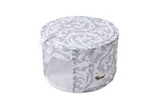 Periea 'Abby' Round Home Storage Boxes with Zip Lids, Front Window & Folding Steel Frame (Grey Damask, Small)