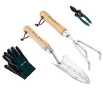 Berry&Bird Garden Tool Set，4 Piece Stainless Steel Garden Tool Kit with Wooden Handle Trowel & Rake, Rubber Pruner & Gloves Outdoor Hand Tools for Planting, Ideal Gardening Gift for Women & Men