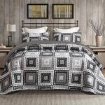 Exclusivo Mezcla Reversible Boho Quilt Set Queen Size, 3 Pieces Patchwork Black All Season Bedspreads, Ultra Soft Floral Coverlet Bedding Set with Printed Pattern (1 Quilt, 2 Pillow Shams)