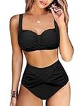 Svanco Women Bikini Set High Waisted Push Up Swimsuit Two Pieces Halter Swimwear Padded Bikini Top with Tummy Control Bottom Retro Swimming Costume Bathing Suits for Ladies Black