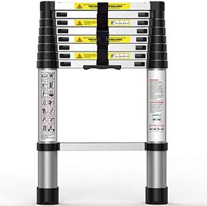 Suwinus 8.5 FT Aluminum Telescoping Ladder Collapsible Extension Ladder with Traceless Alu Tube Design Spring Loaded Locking Mechanism for Outdoor Indoor Use 330 Pound Capacity