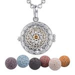 INFUSEU Aromatherapy Necklace Diffuser, Essential Oil Lava Rock Calming Pendant Lotus Flower Silver Plated Locket Anxiety Connect with 5 Pcs Lava Ball Beads And 24" Link Chain Gift for Mum