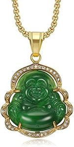 HMOOY Colliers Lucky Laughing Buddha, Collier Bouddha en Jade Vert Collier Pendentif Bouddha en Zircone Cubique Avec Chaîne Plaquée Or 18 Carats Bijoux Feng Shui Amulette pour Femme Homme (Vert 1)
