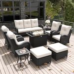 LayinSun 10 Pieces Outdoor Patio Furniture Set with Fire Pit Table, Rattan Wicker Sectional Swivel Rocker Chairs Sets with Ottomans, Swivel Glider Chair, Single Chairs and Coffee Table